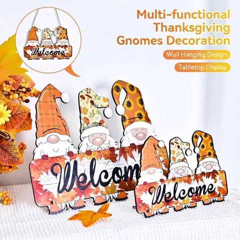Segnale di Benvenuto Gnomo Ringraziamento Autunnale Ornamento in Resina Foglia d'Acero Girasole Cappello Plaid Decorazione Casa