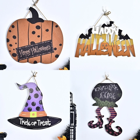 Targa Appesa in Legno di Halloween Happy Halloween Trick Or Treat Decorazione Porta Zucca Cappello da Strega Fantasma Pipistrello Muro