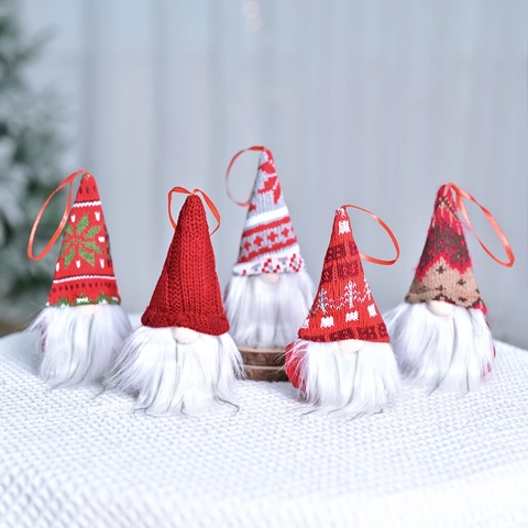 Gnomo di Natale Appeso Ornamento Nordico Bambola Senza Volto Tessuto a Maglia Lunga Barba Renna Fiocco di Neve Albero Decor