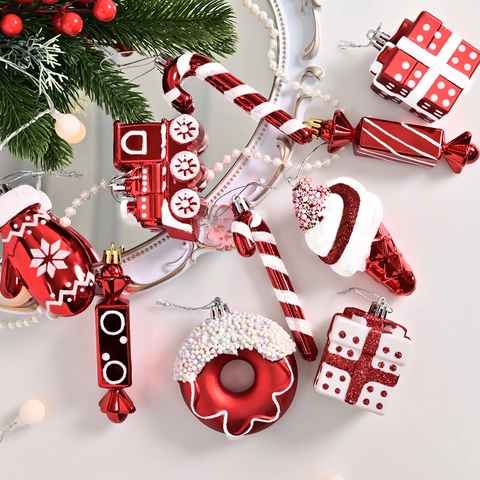 Red White Christmas Tree Hanging Ornaments Electroplated Plastic Candy Cane Train Donut Glove Gift Box Baubles For Holiday Home Decor