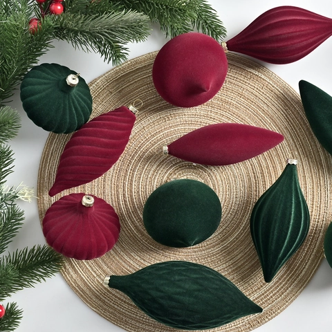 27 Pezzi Ornamenti Natalizi a Sfera Floccati in Velluto Decorazioni da Appendere per Albero Forme Multiple Borgogna Verde Blu Arredo Casa Festa