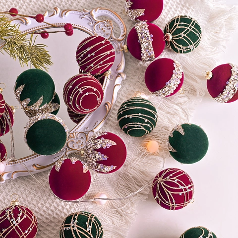 Hand Painted Flocked Christmas Balls Set Rhinestone Velvet Texture Decorative Ornaments For Christmas Tree Hanging Baubles
