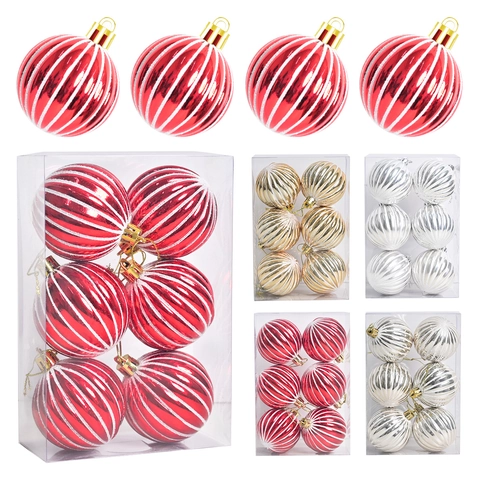 Palle di Natale con Strisce di Zucca Dipinte Decorazioni da Appendere in Plastica per Albero Festa in Casa Glitter Texture Oro Rosso Argento Champagne