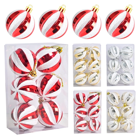 Spiral Painted Christmas Ball Ornaments Plastic Shatterproof Baubles Shiny Glitter Festive Hanging Holiday Decoration Party Home