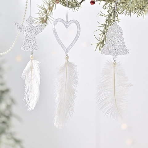 Decorazione Appesa per Albero di Natale con Glitter Bianco Plastica Piuma Trasparente Angelo Cuore Fiocco di Neve Renna Campana
