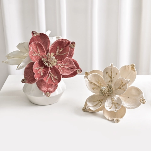Christmas Velvet Magnolia Artificial Flowers Glitter Poinsettia Ornaments For Tree Wedding Party Home Window Decoration