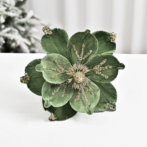 Christmas Velvet Magnolia Artificial Flowers Glitter Poinsettia Ornaments For Tree Wedding Party Home Window Decoration