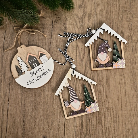 Addobbi Natalizi in Legno Stile Nordico Casa Traforata Forma Tonda Gnomo Disegno Dischetti di Legno Decorazione Casa