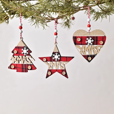 Ornements Suspendus de Noël en Bois Carreaux Buffalo XMAS Étoile Cœur Sapin Décorations de Fête de Noël Maison