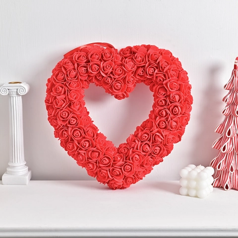 Couronne de Roses en Cœur Rouge de la Saint Valentin Décoration Suspendue de Fleurs Artificielles Pour Mariage Fête Maison Fenêtre