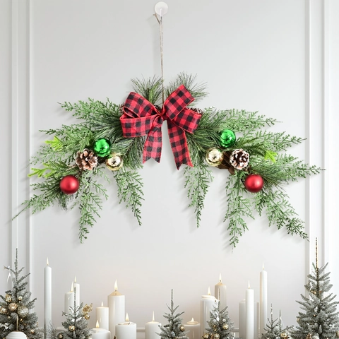 Decorazione Natalizia di Pino Artificiale Con Fiocco a Quadri Pigne Ornamenti Per Porta D'ingresso Parete Festa Festiva Casa