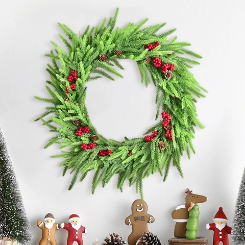 Ghirlanda di Natale Artificiale Con Aghi di Pino Verdi Bacche Rosse E Pigne Per Decorazione Murale Porta d'Ingresso Festa Decorazioni Casa