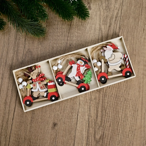 Weihnachten Holz Anhänger Weihnachtsmann Schneemann Rentier Auf Roller Auto Anhänger Mit Holzbox Für Zuhause Baum Dekoration