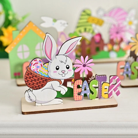 Easter Wooden Tabletop Decoration Cartoon Bunny Gnome Colorful Easter Sign Desktop Ornament For Home Spring Party Decor
