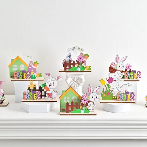 Easter Wooden Tabletop Decoration Cartoon Bunny Gnome Colorful Easter Sign Desktop Ornament For Home Spring Party Decor