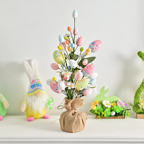 Albero di Uova di Pasqua Decorazione Floreale Artificiale Uova Macchiate Base in Iuta per Tavolo Festa Casa Regalo Primaverile