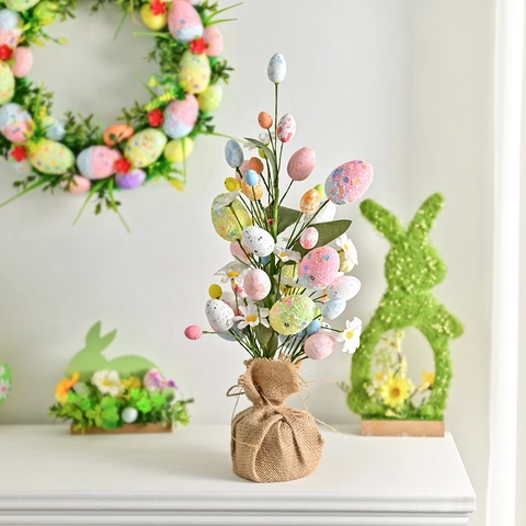 Albero di Uova di Pasqua Decorazione Floreale Artificiale Uova Macchiate Base in Iuta per Tavolo Festa Casa Regalo Primaverile
