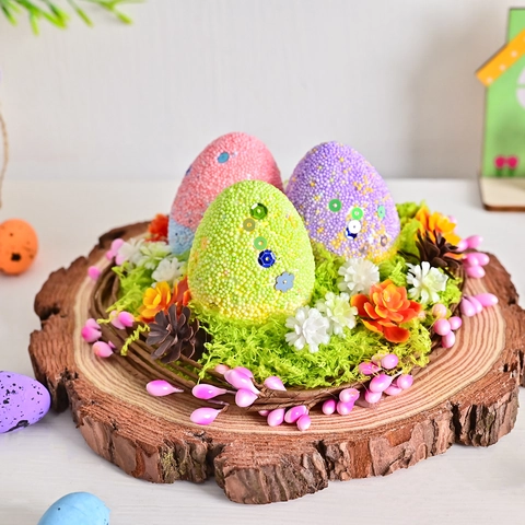 Œufs de Pâques Nid d'Oiseau Ornement de Table Œufs Colorés en Mousse Avec Base en Bois Pommes de Pin Rotin Tissé Décoration de Pâques
