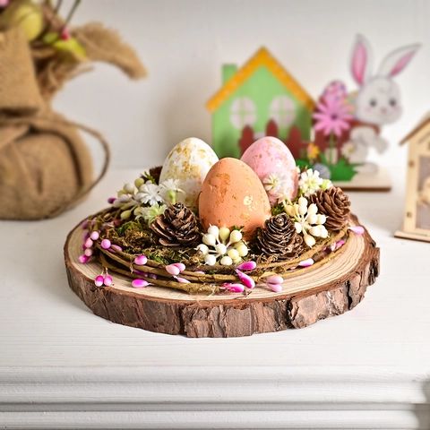 Œufs de Pâques Nid d'Oiseau Ornement de Table Œufs Colorés en Mousse Avec Base en Bois Pommes de Pin Rotin Tissé Décoration de Pâques
