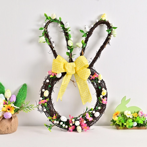 Handmade Rattan Easter Rabbit Wreath With Colorful Eggs Yellow Plaid Bowknot Spring Floral Garland For Door Wall Home Decor