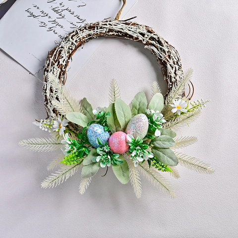 Easter Flower Wreath Artificial Daisy And Colorful Speckled Eggs Hanging Decoration Plastic Fabric Rattan For Home Party Door Decor