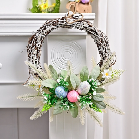 Easter Flower Wreath Artificial Daisy And Colorful Speckled Eggs Hanging Decoration Plastic Fabric Rattan For Home Party Door Decor