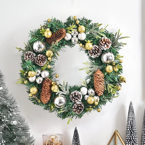 Ghirlanda di Natale Aghi di Pino Artificiali Pigne Naturali Sfere Oro Argento Stile Foresta Nordica Decorazione da Parete Porta
