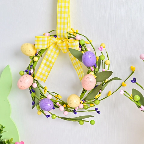 Ghirlanda Pasquale Artificiale Con Foglie Verdi Fiocco Gingham Giallo Uova Colorate Per Decorazione Parete Porta Casa Primavera