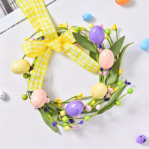Ghirlanda Pasquale Artificiale Con Foglie Verdi Fiocco Gingham Giallo Uova Colorate Per Decorazione Parete Porta Casa Primavera