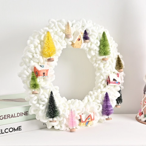 White Plush Christmas Wreath With Snow Hut And Miniature Trees Nordic Style Winter Window Wall Hanging Holiday Decor