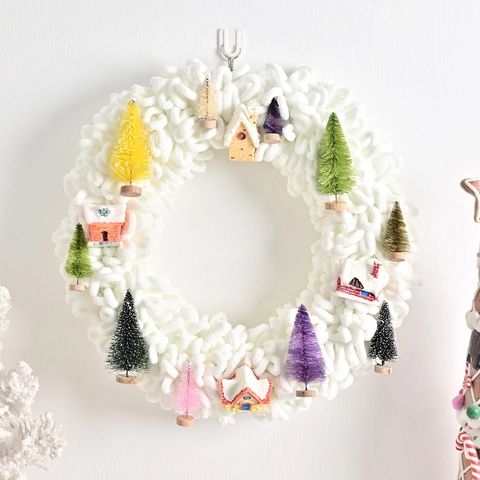 White Plush Christmas Wreath With Snow Hut And Miniature Trees Nordic Style Winter Window Wall Hanging Holiday Decor