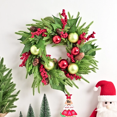 Artificial Christmas Wreath Red Berries Pine Cones Electroplated Balls Plastic Rattan Wall Door Hanging Festive Home Decor