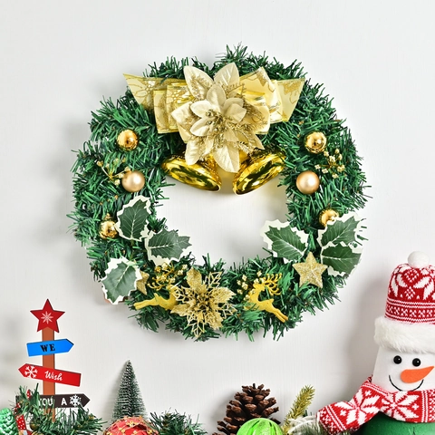 Ghirlanda di Natale Aghi di Pino Artificiali Dorati Decorazione Sospesa Con Campanelli Renna Stella Per Finestra Porta Festa Casa