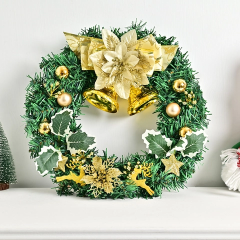 Ghirlanda di Natale Aghi di Pino Artificiali Dorati Decorazione Sospesa Con Campanelli Renna Stella Per Finestra Porta Festa Casa