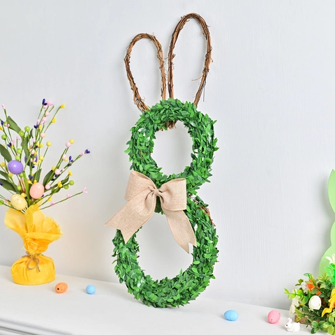 Ghirlanda Coniglietto Pasquale Verde Artificiale Con Fiocco in Iuta Forma di Coniglio Vite Decorazione Appesa per Porta Casa Giardino