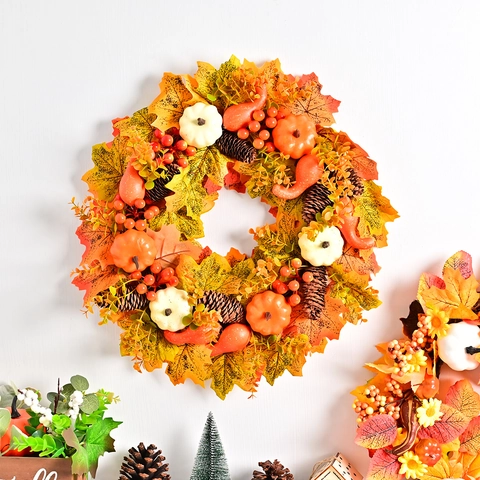 Künstlicher Herbstkranz Mit Ahornblättern Kürbis Beere Tannenzapfen Für Erntedankfest Halloween Veranda Deko Aufhänger