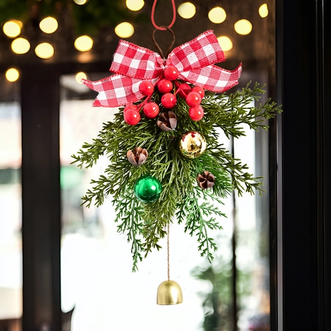Vintage Weihnachtsglocke Anhänger Kiefernnadeln Rote Beeren Tannenzapfen Karoschleife Feiertagsdekoration Für Tür Auto Haus Wand