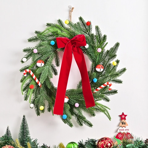 Artificial Christmas Wreath With Large Red Bow Candy Cane Decorations Bell Colorful Pompoms Garland For Front Door Wall Decor
