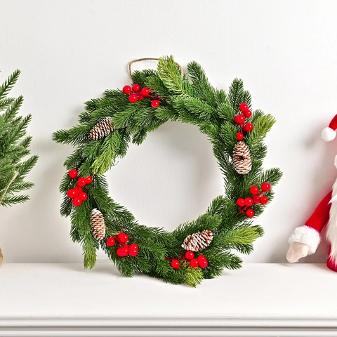 Künstlicher Weihnachtskranz Mit Grünen Kiefernnadeln Roten Beeren Kiefernzapfen Für Haustür Wand Heimdekor