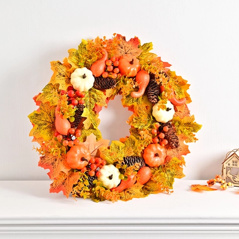 Künstlicher Herbstkranz Mit Ahornblättern Kürbis Beere Tannenzapfen Für Erntedankfest Halloween Veranda Deko Aufhänger