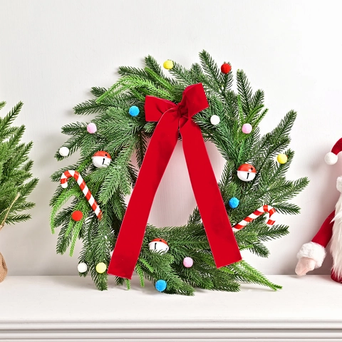 Artificial Christmas Wreath With Large Red Bow Candy Cane Decorations Bell Colorful Pompoms Garland For Front Door Wall Decor