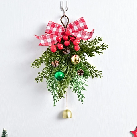 Vintage Weihnachtsglocke Anhänger Kiefernnadeln Rote Beeren Tannenzapfen Karoschleife Feiertagsdekoration Für Tür Auto Haus Wand