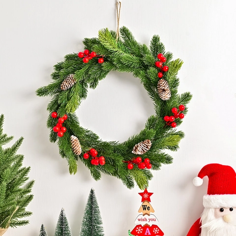 Künstlicher Weihnachtskranz Mit Grünen Kiefernnadeln Roten Beeren Kiefernzapfen Für Haustür Wand Heimdekor