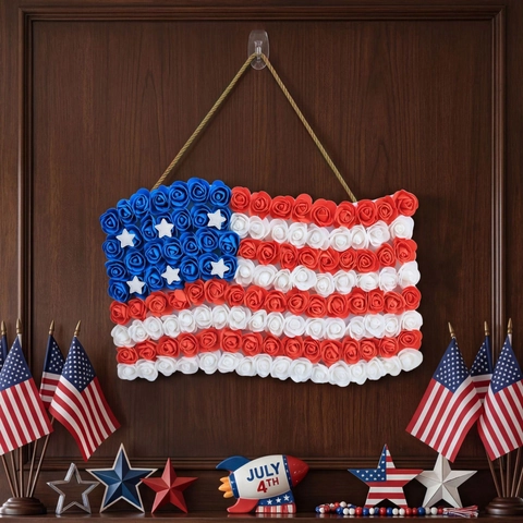 Decorazione Sospesa per il Giorno dell'Indipendenza Americana Bandiera USA Rosa di Schiuma Artificiale Ghirlanda per Porta Decorazione