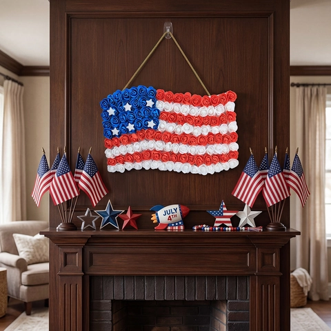 Decorazione Sospesa per il Giorno dell'Indipendenza Americana Bandiera USA Rosa di Schiuma Artificiale Ghirlanda per Porta Decorazione