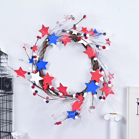 Giorno dell'Indipendenza Americana Corona Rosso Bianco Blu Stelle Bacche Rattan Bandiera Patriottica Appesa Porta