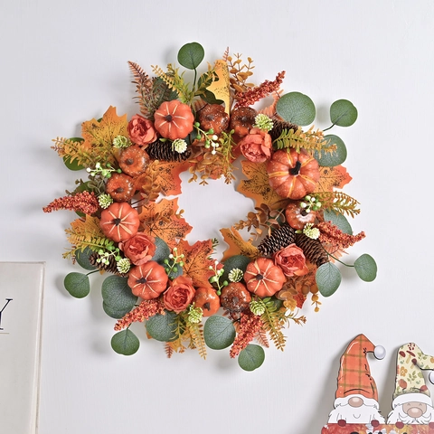 Ghirlanda Autunnale Zucca Artificiale Foglia d'Acero Pigna per Porta D'ingresso Ringraziamento Halloween Arredo Casa