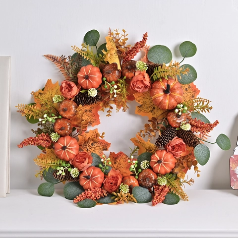 Ghirlanda Autunnale Zucca Artificiale Foglia d'Acero Pigna per Porta D'ingresso Ringraziamento Halloween Arredo Casa