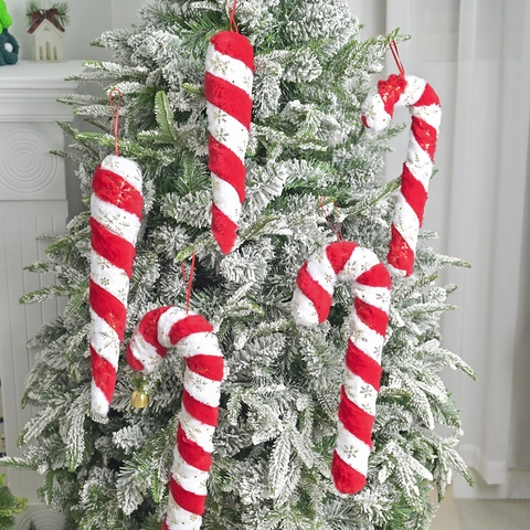 Weihnachten Plüsch Zuckerstange Hängedekoration Rot Weiß Gestreifte Ornamente Mit Pailletten Schneeflocke Glocke Für Weihnachtsbaum Indoor Party Home Dekor