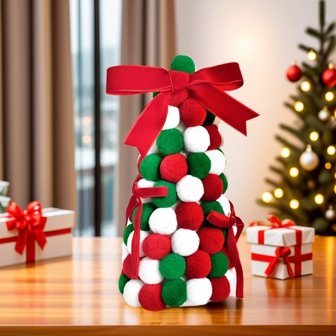 Handmade Pom-pom Christmas Tree Desktop Ornament With Red Bow Polyester Colorful Table Xmas Tree Decoration For Home Office